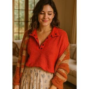 Urban Outfitters Textured Quarter Henley Sweater Small Red Cropped Cozy Holiday